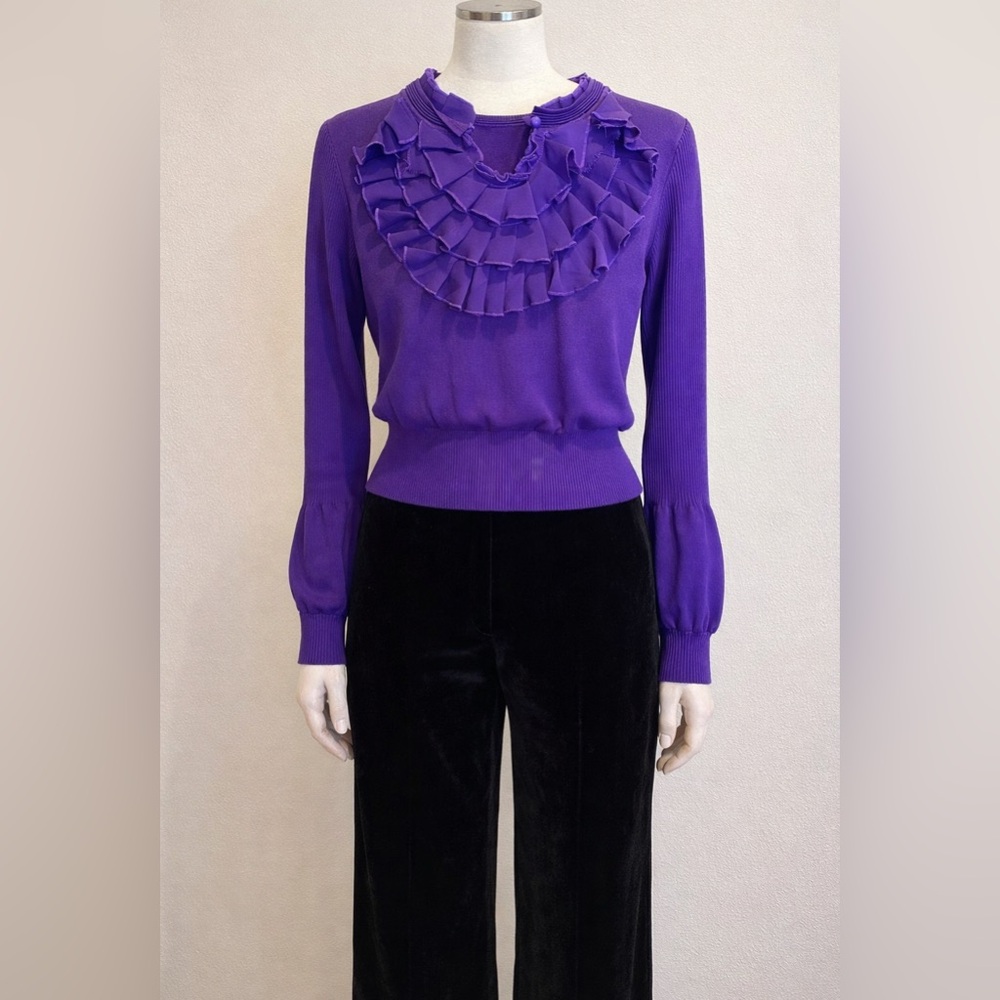 Vintage Italian Peppe Peluso Ruffle Yoke Fine Gage Knit Sweater in Violet